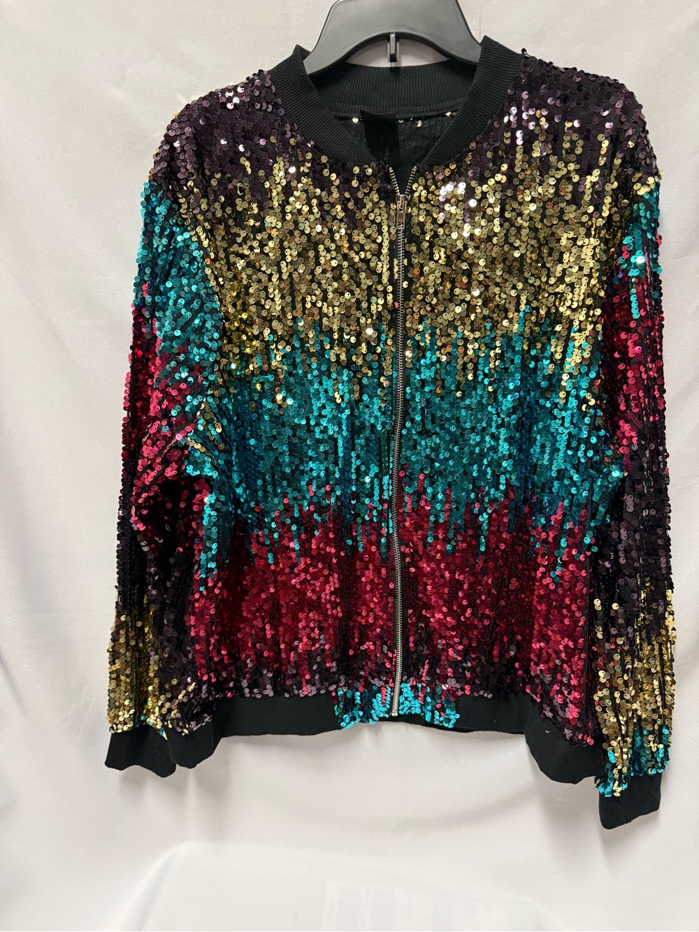 Womens 2x Multicolor Sequin Bomber Jacket Full Zip Party